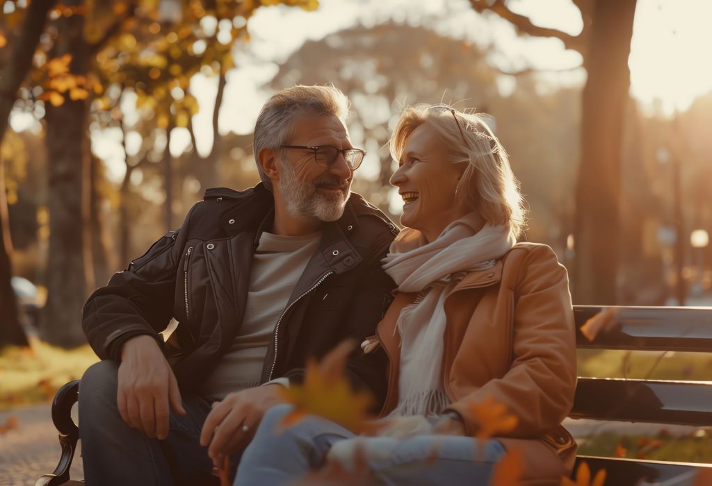 couple-sits-bench-park-smiling-looking-each-other